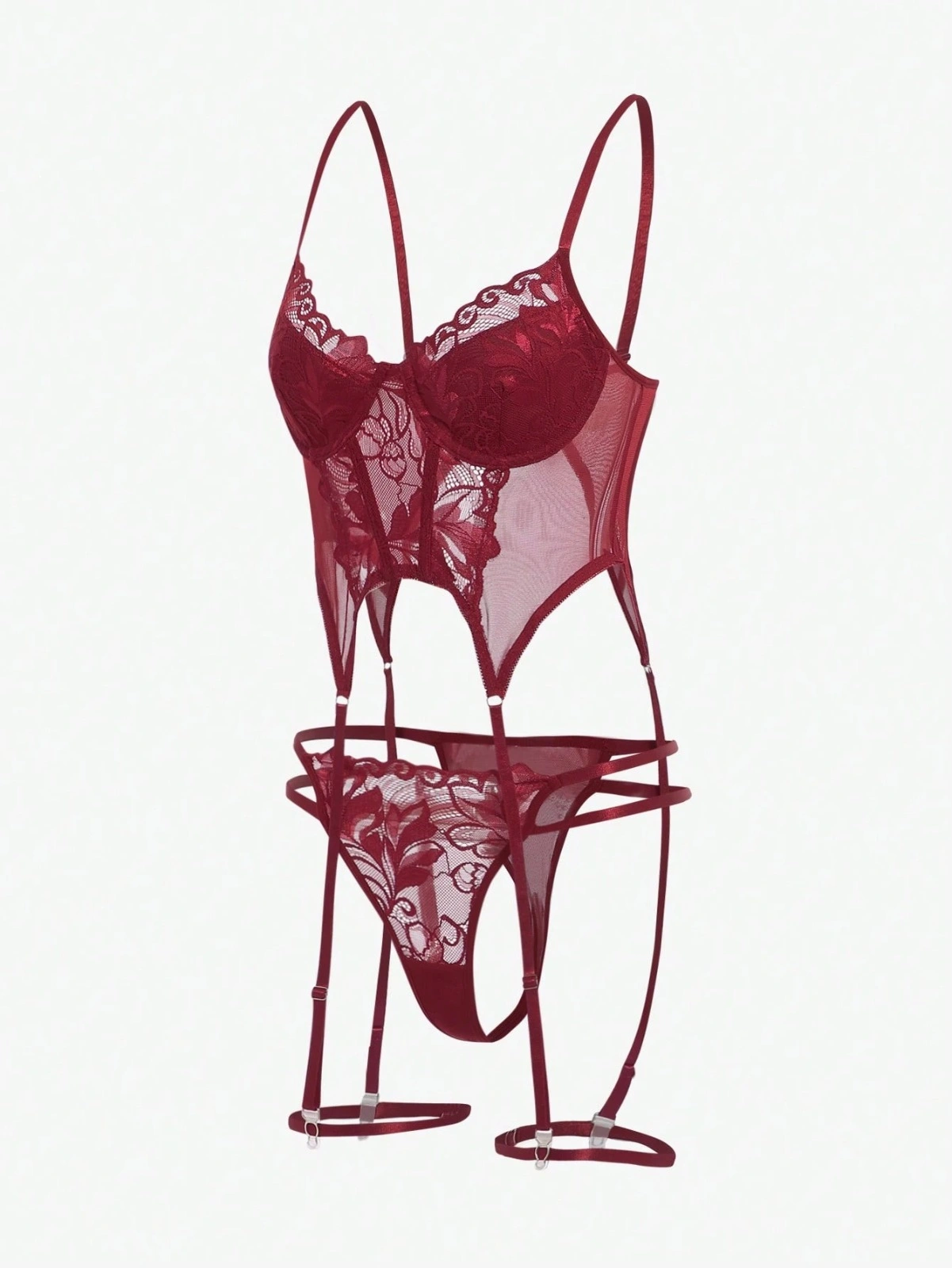 Bordo Babydoll İç Giyim Seti Bustiyer  ,külot , Bacak Bantları