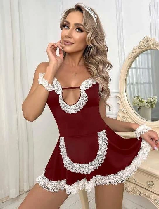 Bordo Beyaz Aksesuarlı Dantelli Fantezi Hizmetçi Kostümü