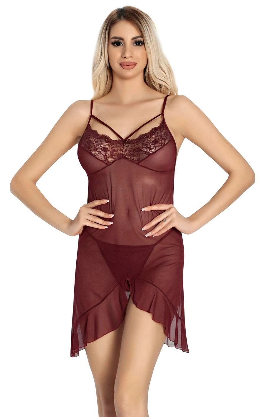 Bordo Dantel İşlemeli Göğğüs İp Detaylı Fantezi Tül Gecelik