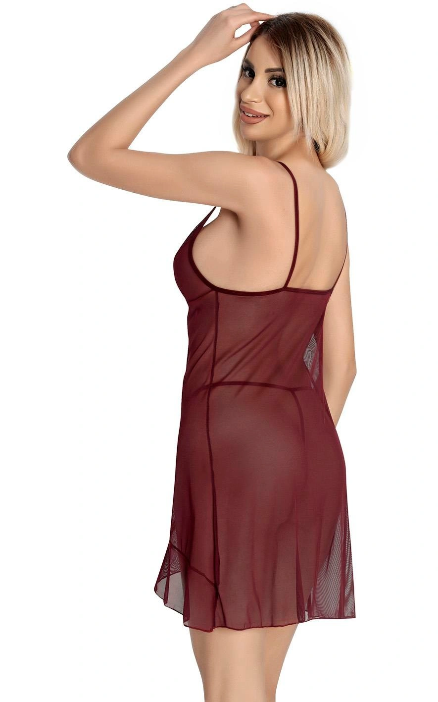 Bordo Dantel İşlemeli Göğğüs İp Detaylı Fantezi Tül Gecelik