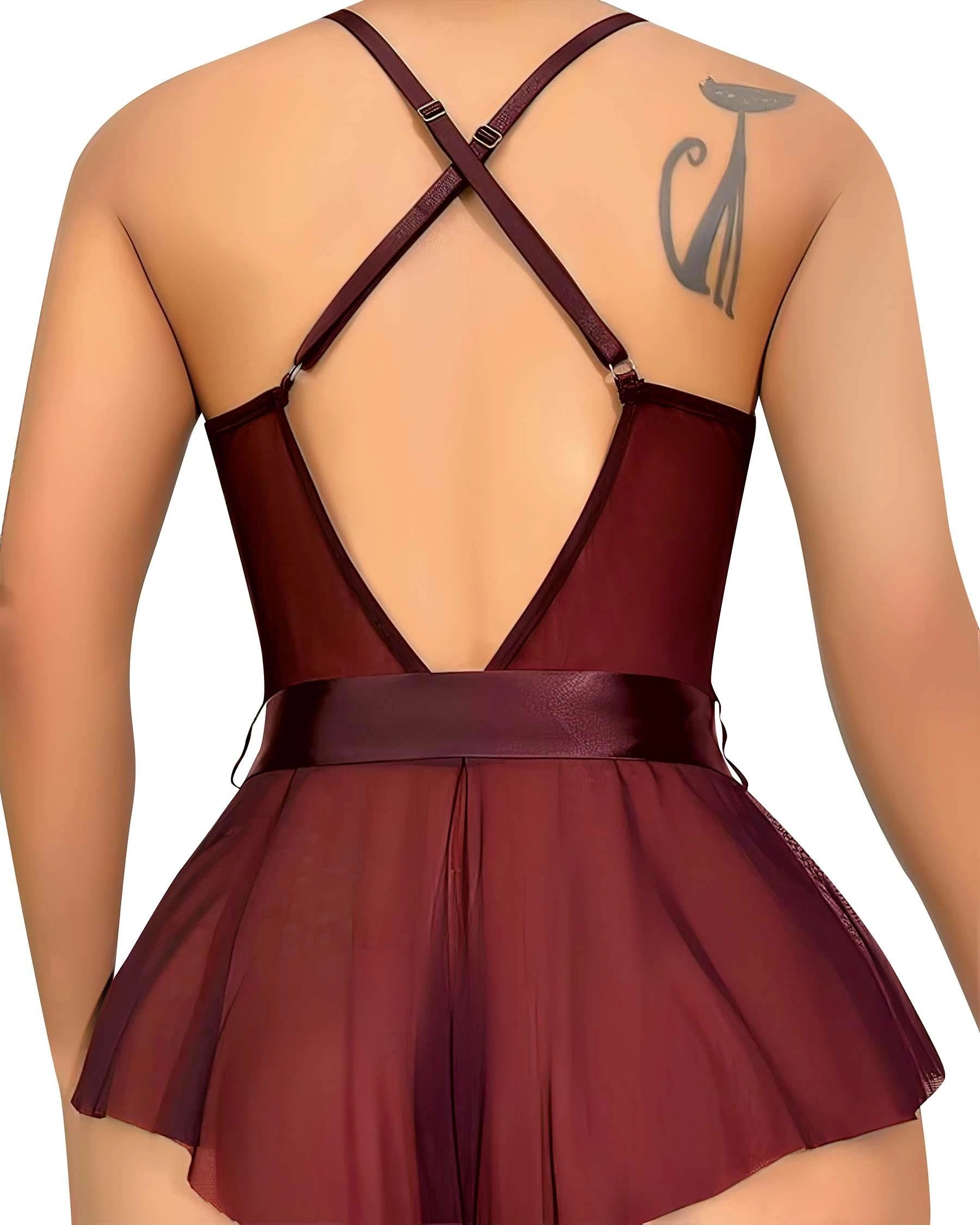 Bordo Dantel İşlemeli Kurdelalı Fantezi Tül Babydoll