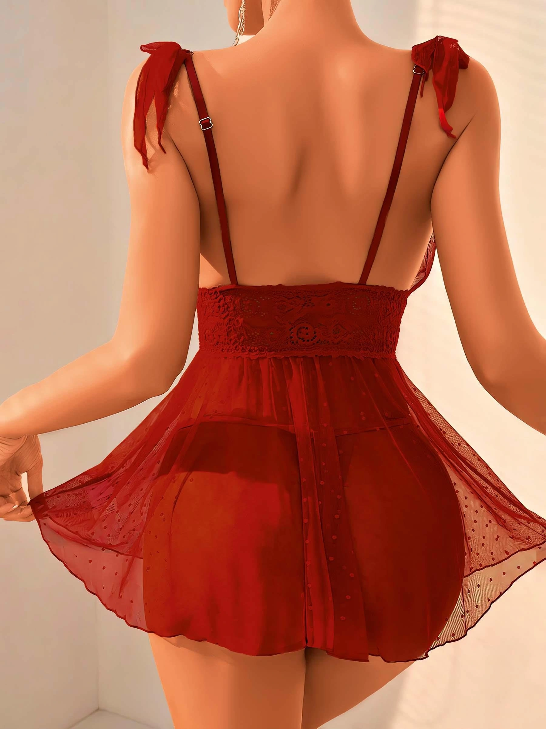 Bordo Dantel İşlemeli Puantiyeli Tül Fantezi Gecelik