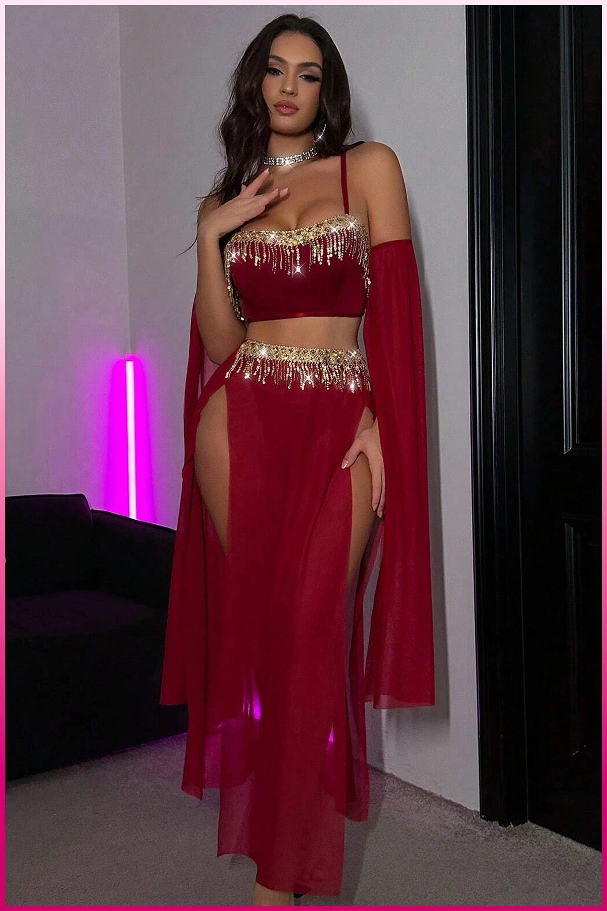 Bordo Pul Aksesuarlı Tül Etekli Kadın Seksi Gecelik