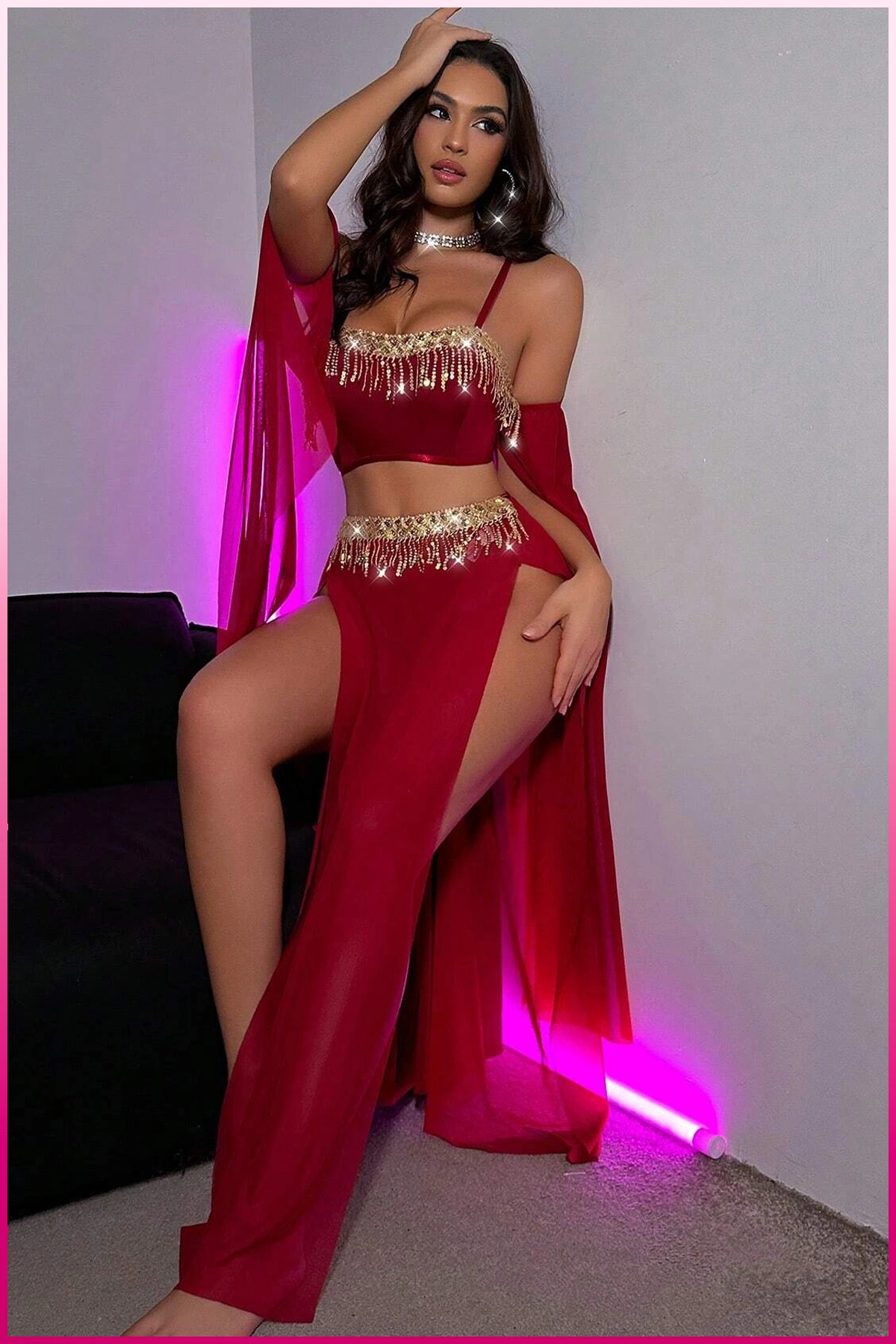 Bordo Pul Aksesuarlı Tül Etekli Kadın Seksi Gecelik