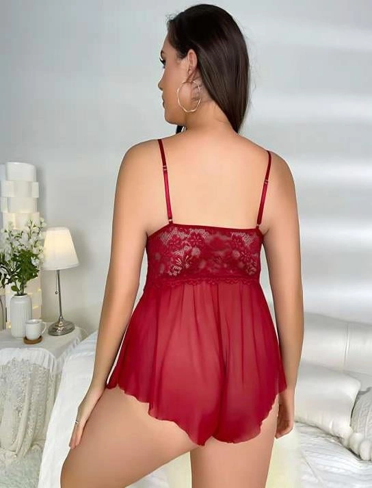 Büyük Beden Bordo Dantel İşlemeli Fırfırlı Fantezi Babydoll