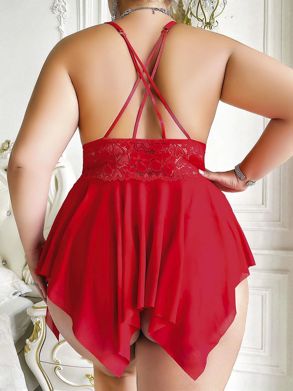 Büyük Beden Dantel İşlemeli Fırfırlı Dekolteli Fantezi Tül Kırmızı Gecelik