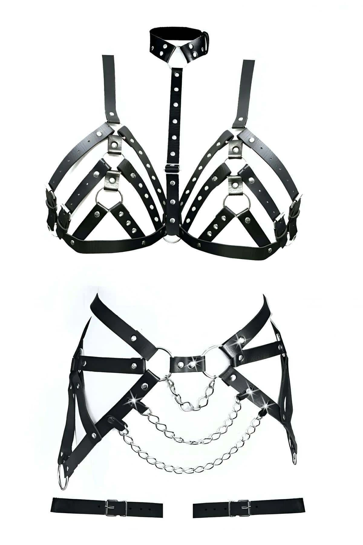 Büyük Beden Deri Fantazi Harness Sütyen Takım - Brf533