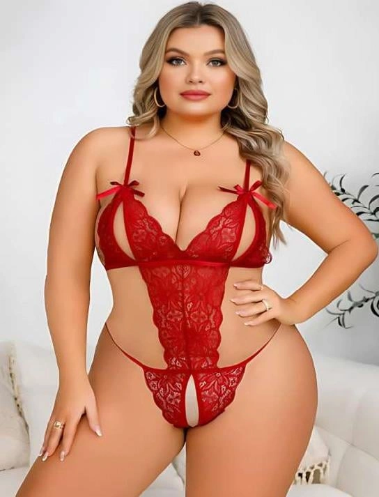 Büyük Beden Kırmızı Dantel İşlemeli Dekolteli Fantezi Babydoll
