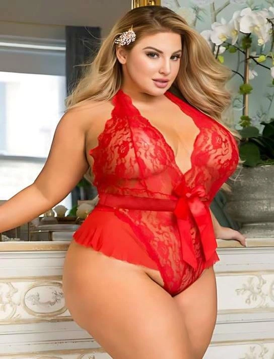Büyük Beden Kırmızı Kurdelalı Dantel İşlemeli Fantezi Babydoll