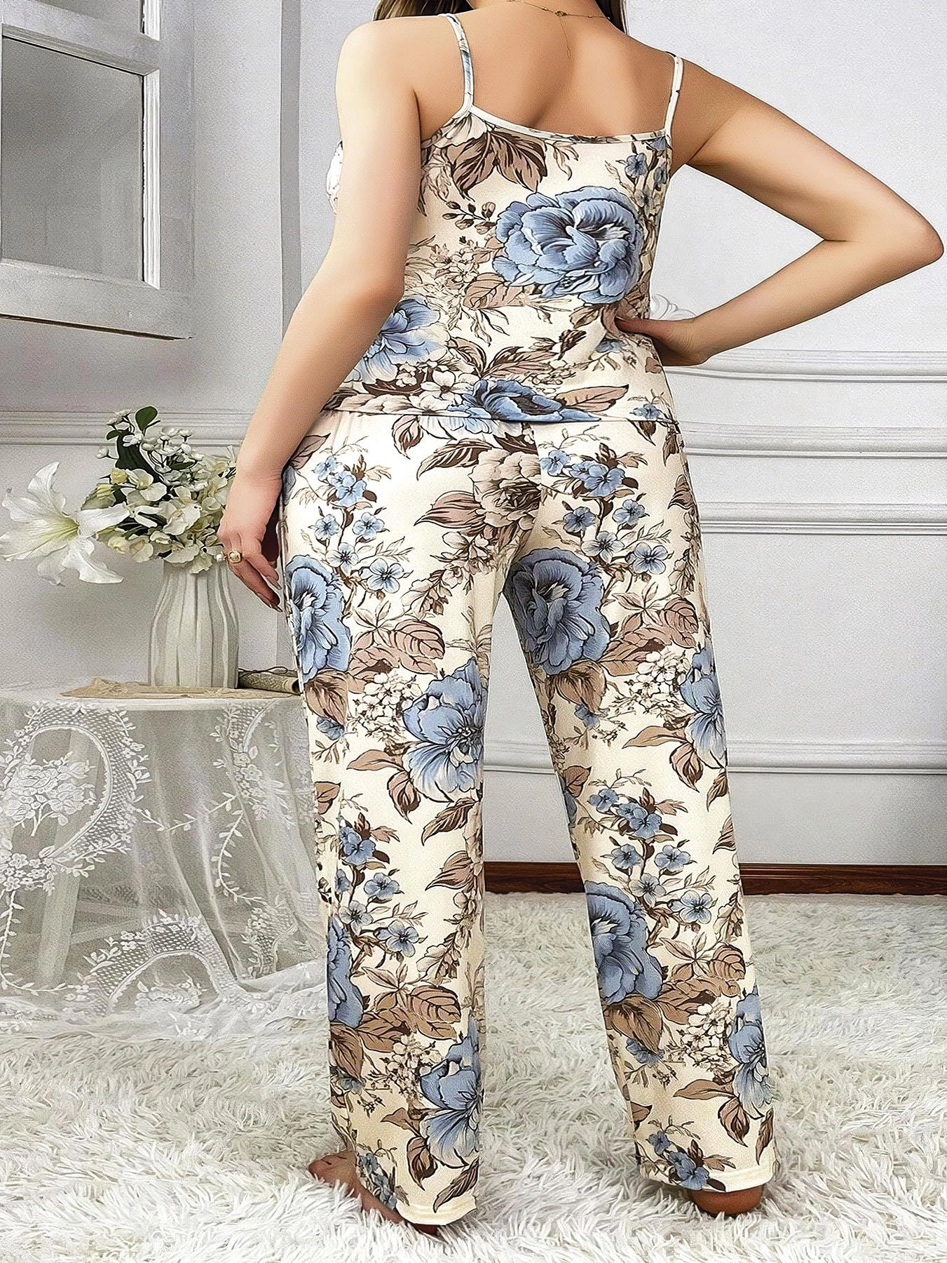 Büyük Beden Mavi Çiçek Desenli İnce Askılı 2li Saten Pijama