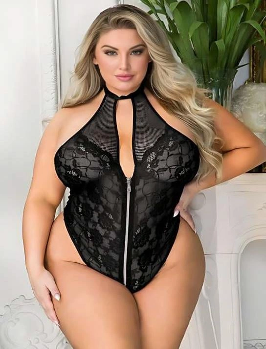 Büyük Beden Siyah Dantel İşlemeli Fermuarlı Fantezi Babydoll