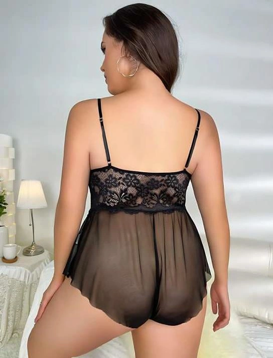 Büyük Beden Siyah Dantel İşlemeli Fırfırlı Fantezi Babydoll