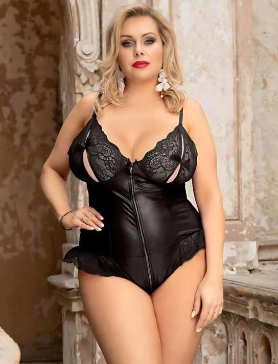 Büyük Beden Siyah Parlak Dantel İşlemeli Fermuarlı Fantezi Babydoll