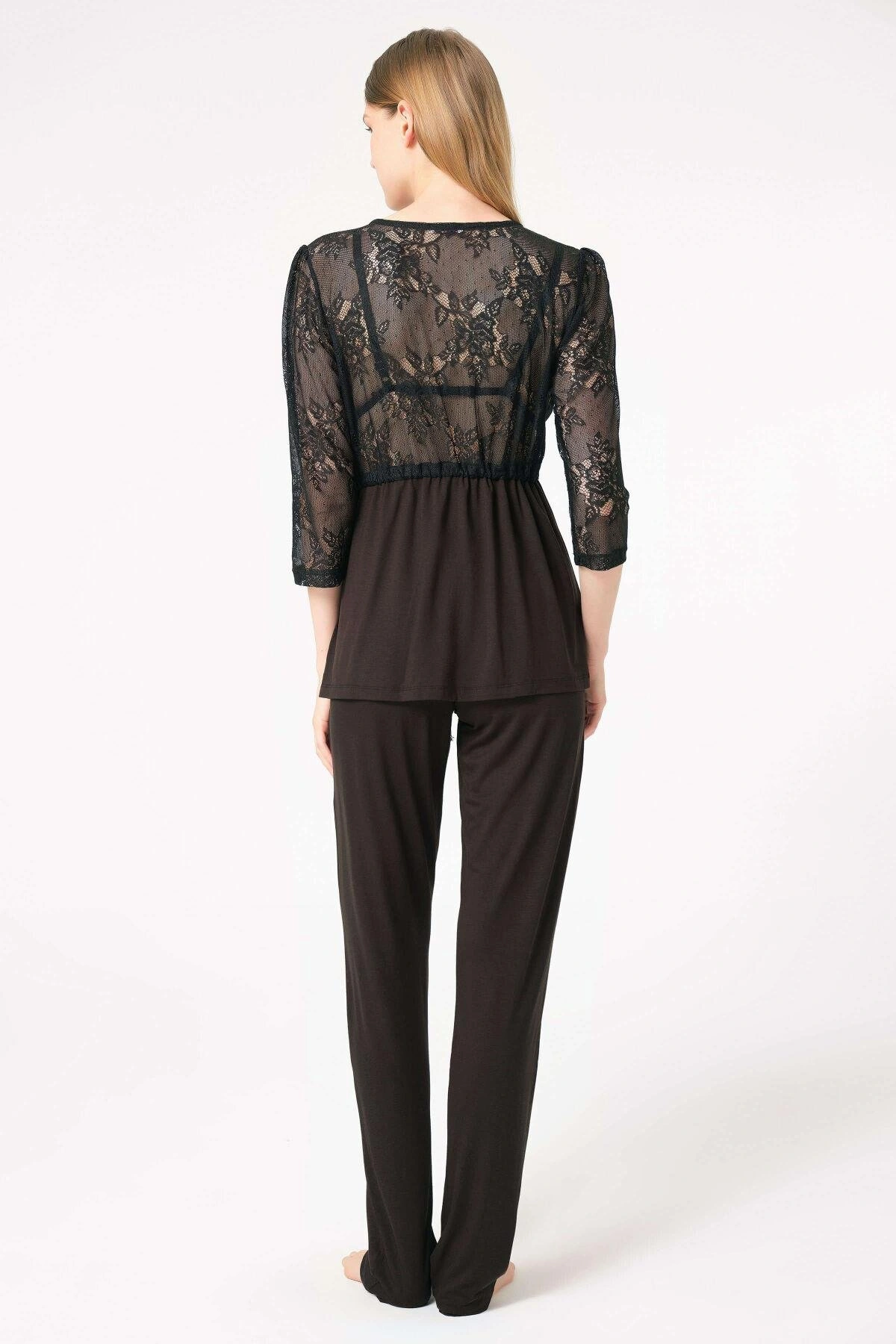 Dantelli Sabahlık Balensiz Desteksiz Dolgusuz Yaka Detaylı Sütyen Ve Pantolon Pijama 3lü Takım