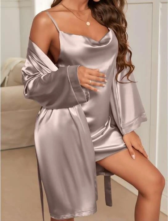 Degajeli İnce Askılı Vizon Saten 2li Gecelik Sabahlık Takımı