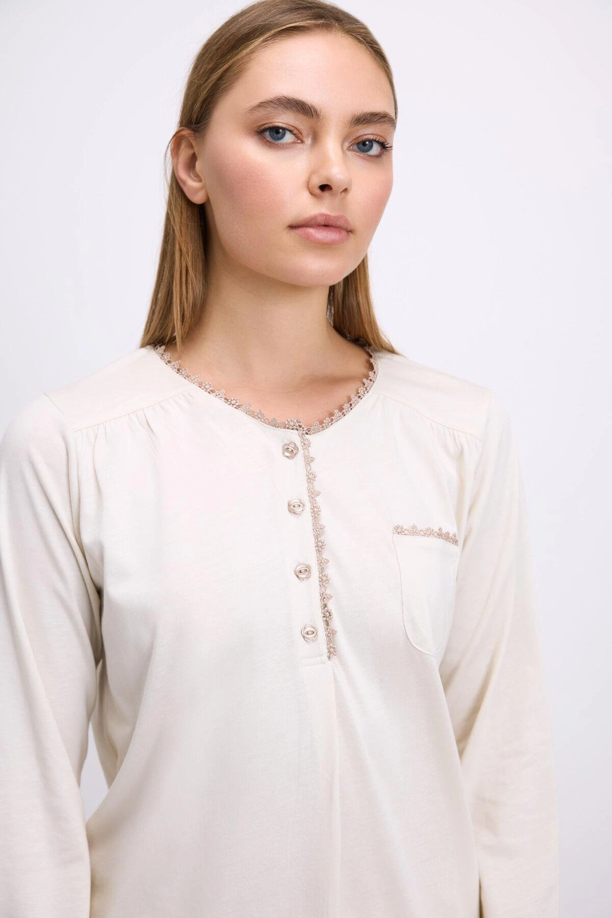 Fil Dişi Modal Pamuklu Uzun Kollu Düğmeli 2li Pijama Takımı