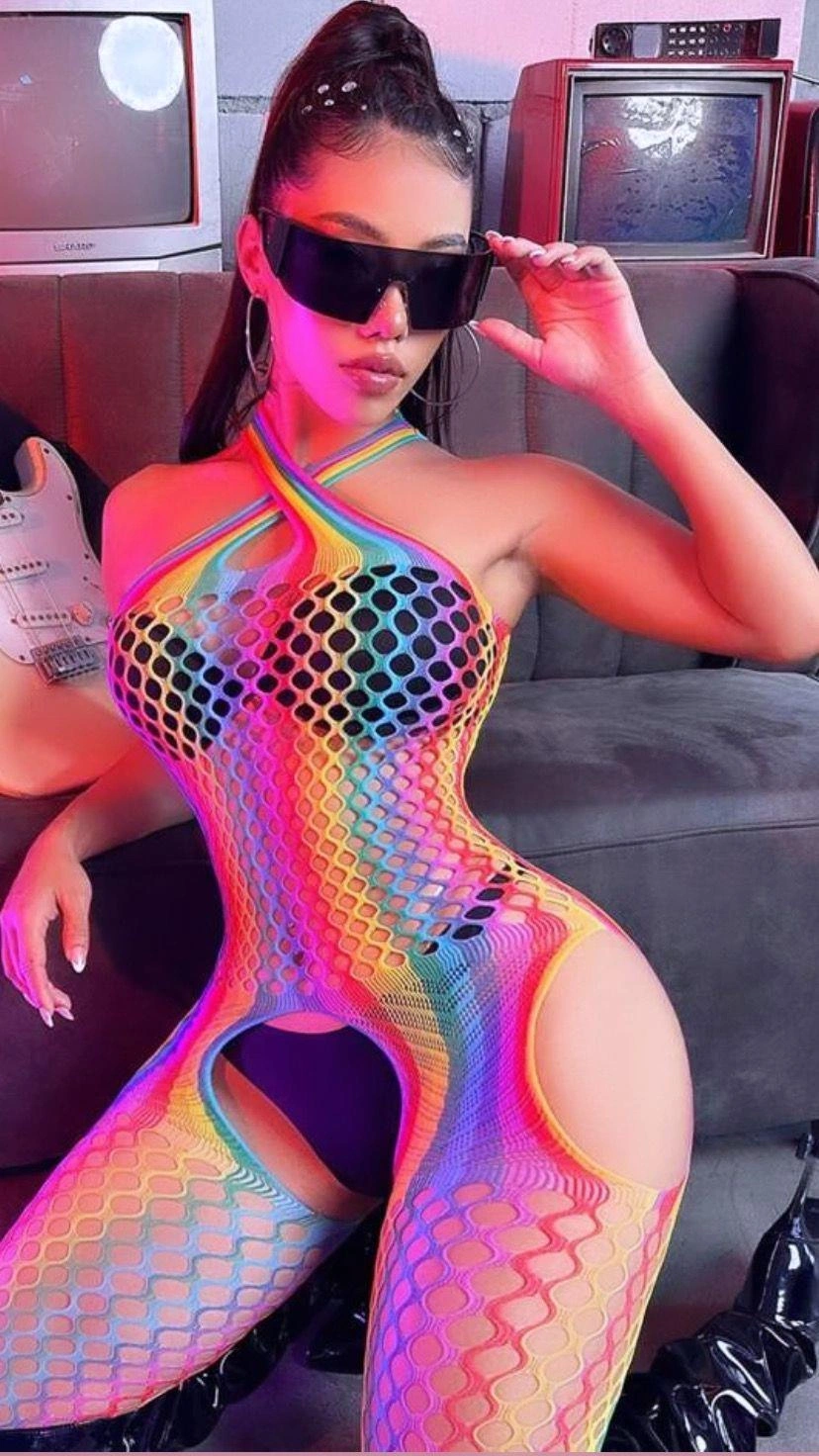 Gökkuşağı Desenli Fileli Fantezi Vücut Çorabı