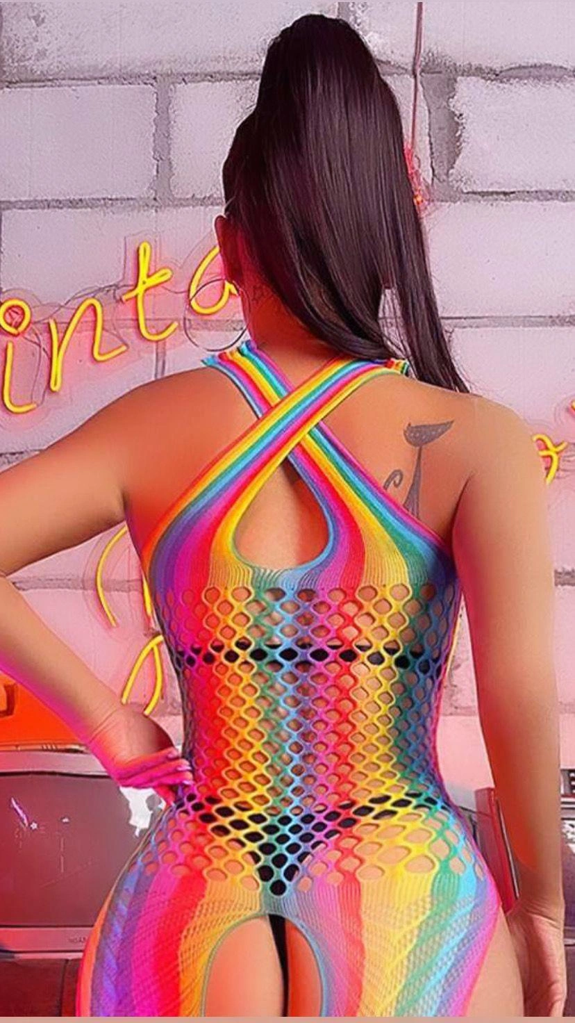 Gökkuşağı Desenli Fileli Fantezi Vücut Çorabı