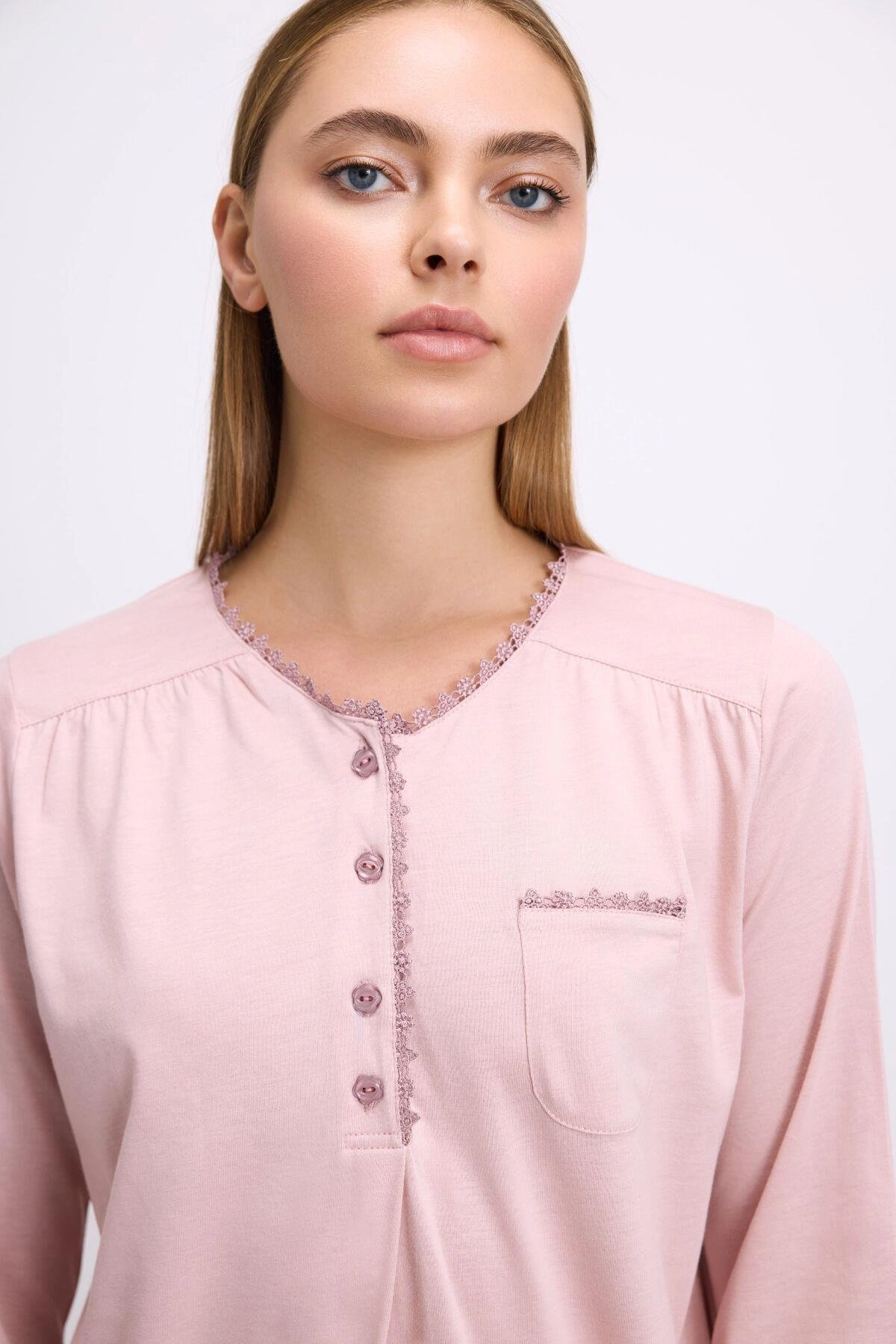 Gül Kurusu Modal Pamuklu Uzun Kollu Düğmeli 2li Pijama Takımı