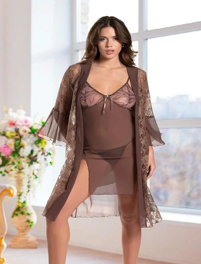 Haki Transparan Dantel İşlemeli Tül Yırtmaçlı 2li Gecelik Takımı