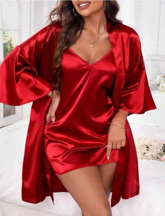 İnce Askılı Kırmızı Saten 2li Gecelik Sabahlık Takımı