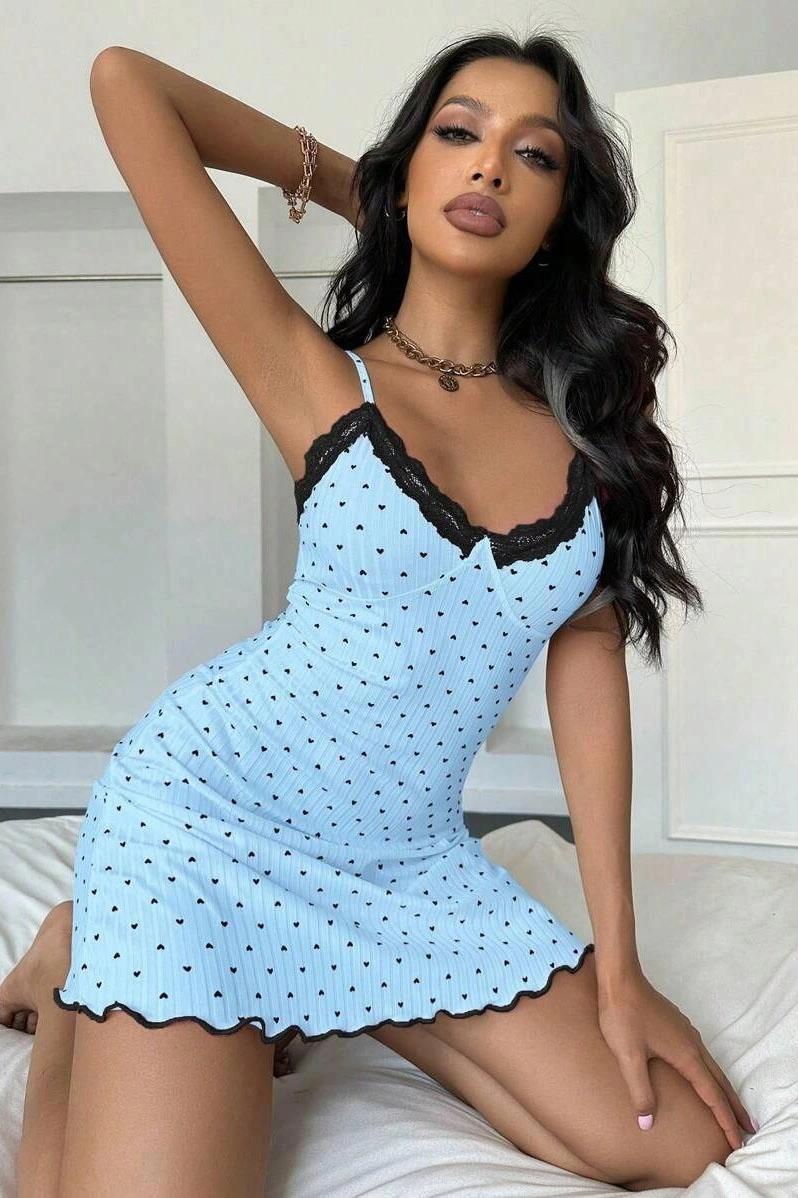Kadın Bebe Mavisi Kalp Desenli Askılı Dantel Detaylı Elbise 5068