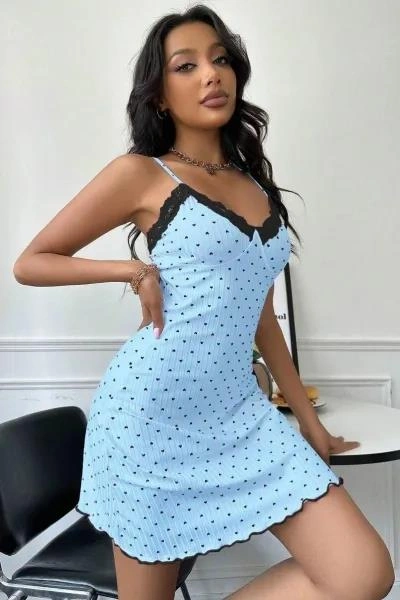 Kadın Bebe Mavisi Kalp Desenli Askılı Dantel Detaylı Elbise 5068