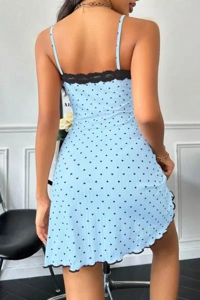 Kadın Bebe Mavisi Kalp Desenli Askılı Dantel Detaylı Elbise 5068