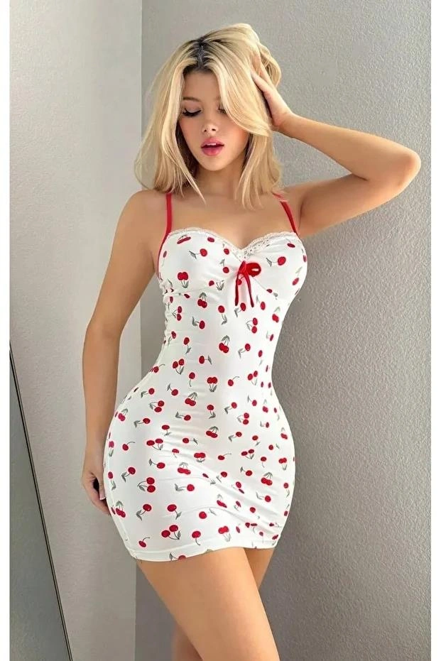 Kadın Beyaz Kiraz Desenli Askılı Bağlamalı Dantel Detaylı Elbise 5073