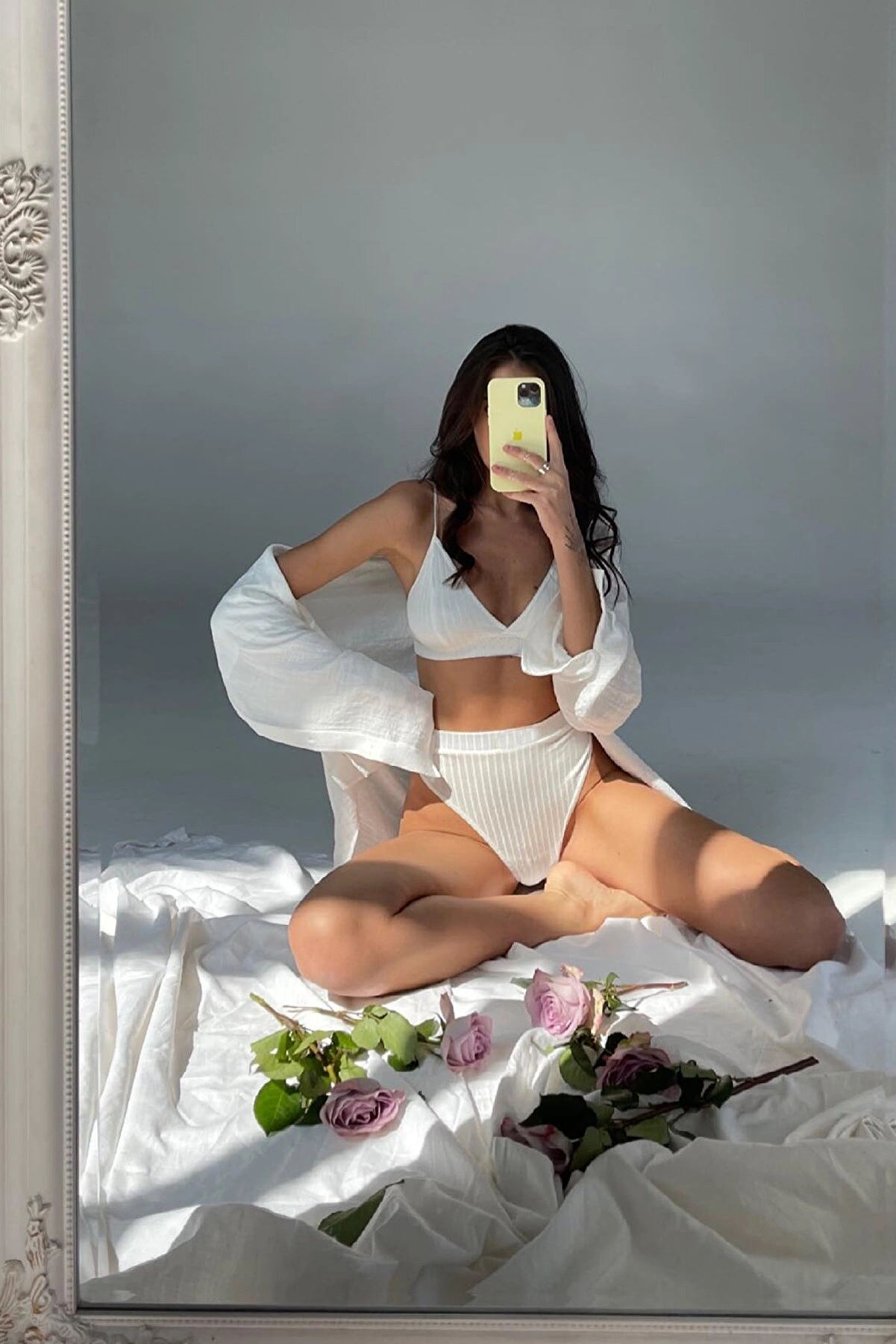 Kadın Beyaz Yüksek Bel Dolgusuz Slip Takım