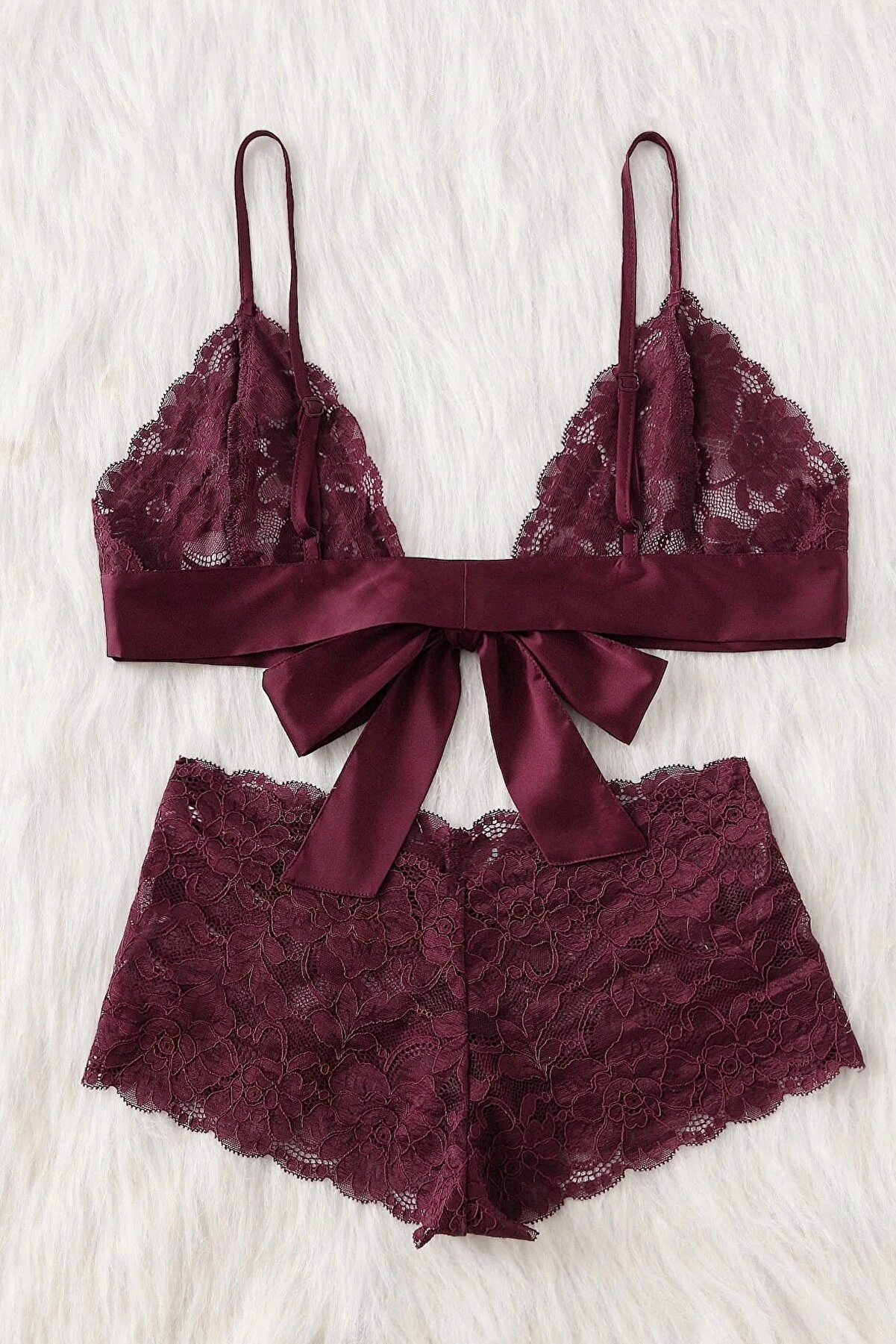 Kadın Bordo Dantelli & Kurdelalı Sütyen Külot Takımı
