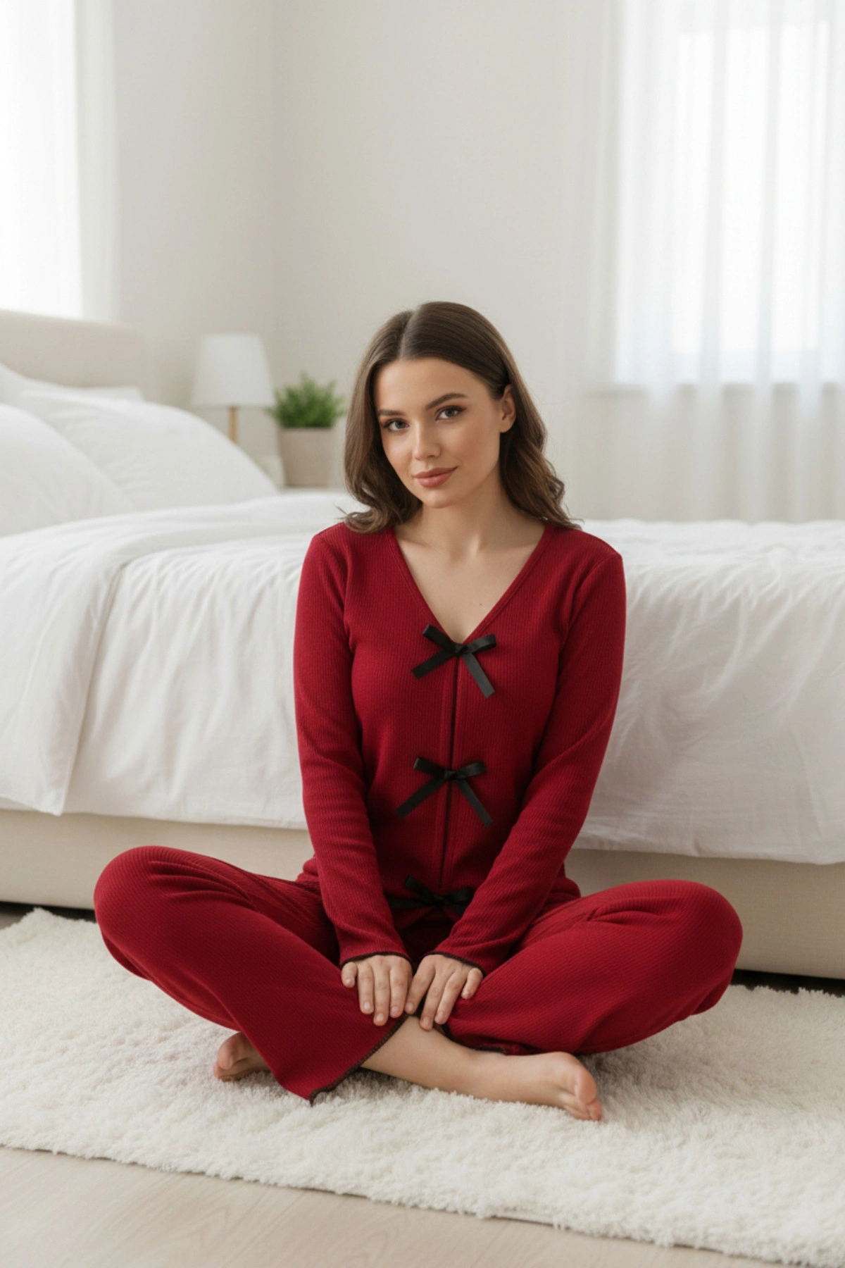 Kadın Bordo Fiyonklu İç Çamaşırı Ve Uzun Kollu V Yaka Pijama Takımı 4lü Set