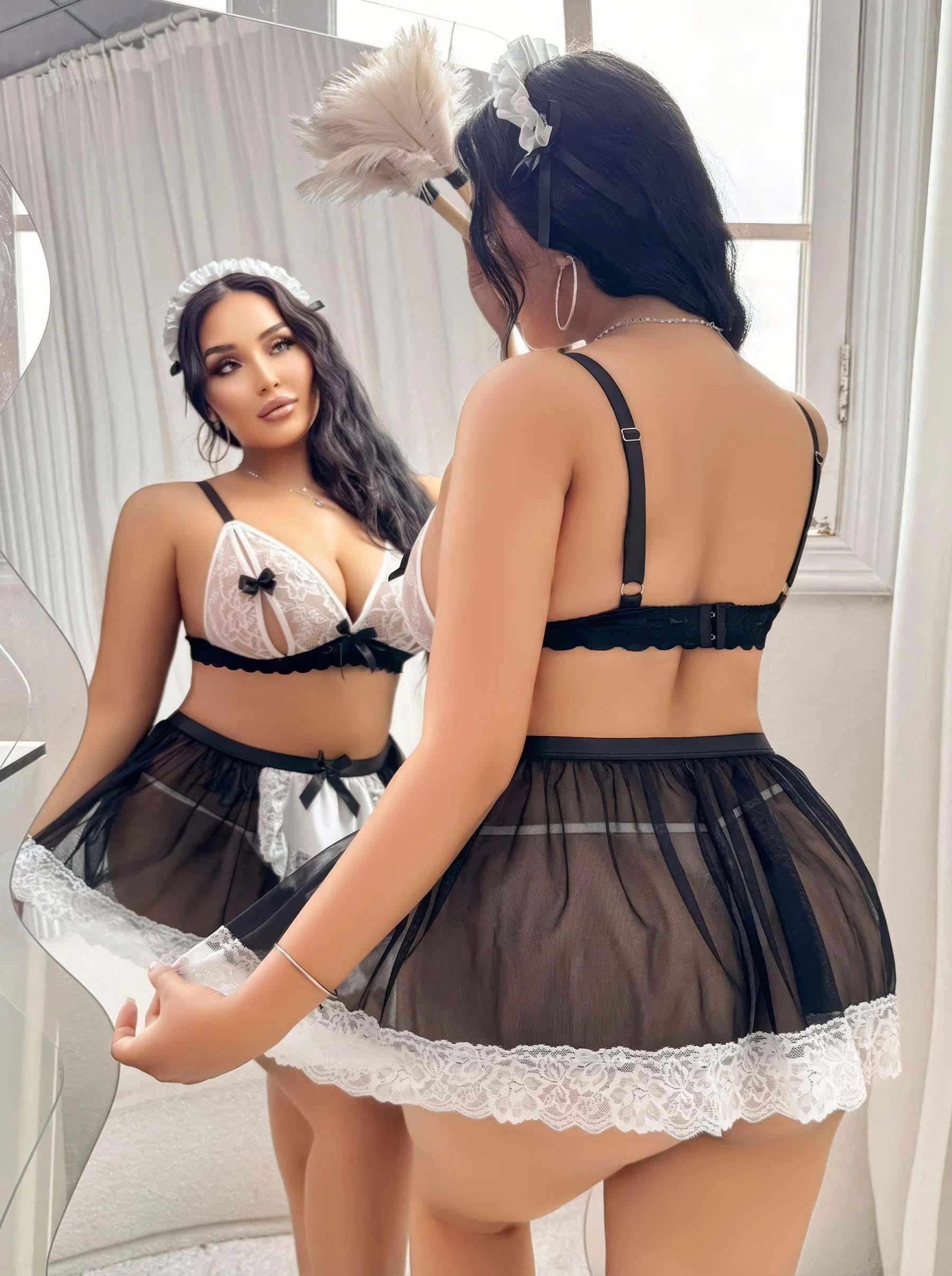 Kadın Büyük Beden  Seksi Hizmetçi Kostüm Fantezi Transparan Tül Fantezi Erotik 8006