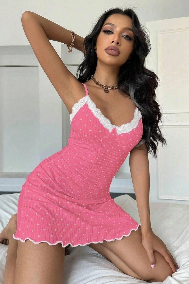 Kadın Fuşya Beyaz Kalp Desenli Askılı Dantel Detaylı Elbise 5069