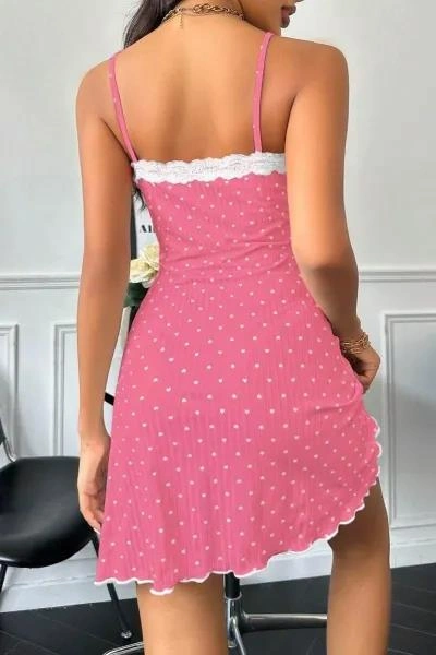 Kadın Fuşya Beyaz Kalp Desenli Askılı Dantel Detaylı Elbise 5069