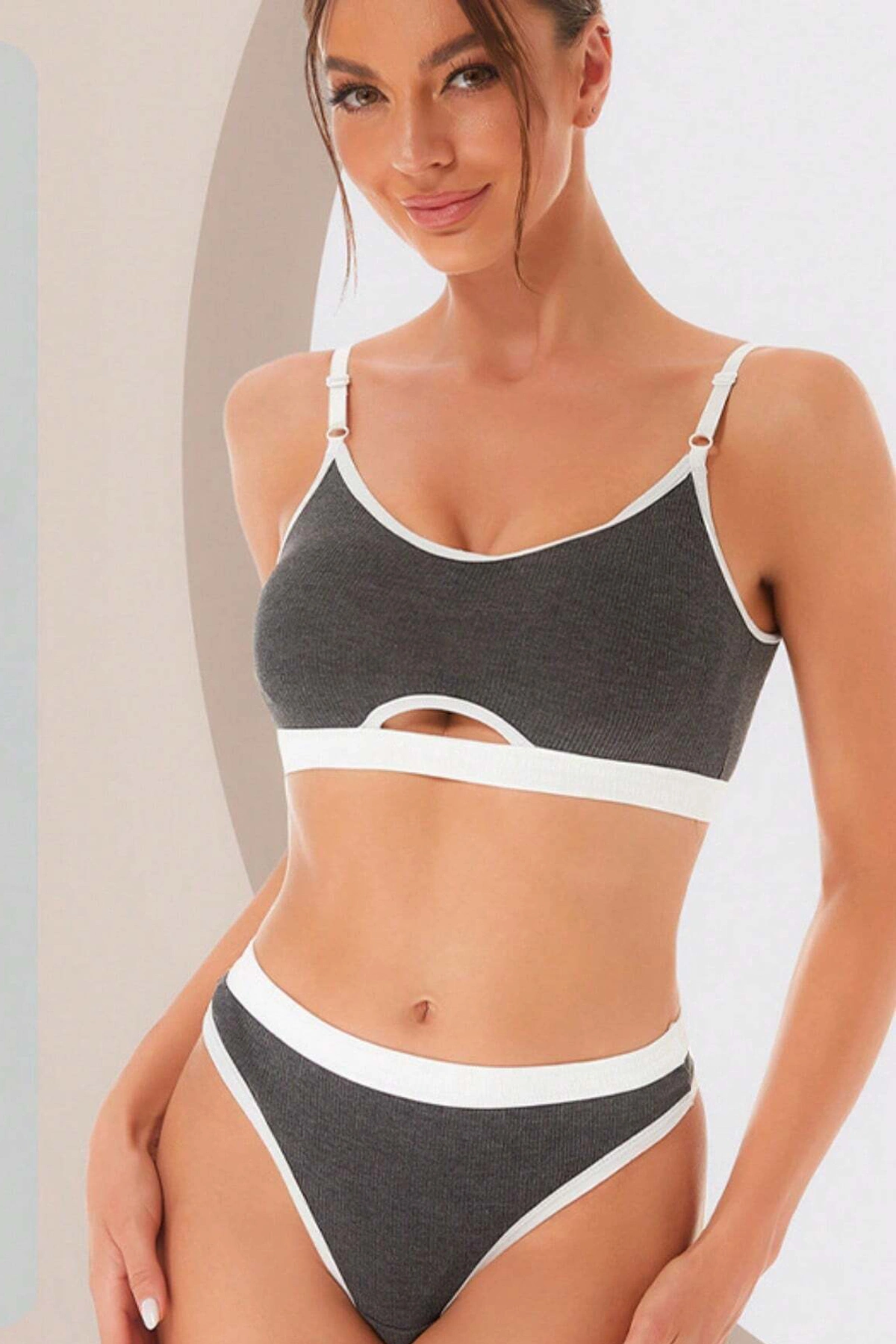 Kadın Gri Antrasit Kaşkorse Ve Beyaz Lastikli Cut-out Tanga Külotlu Takım
