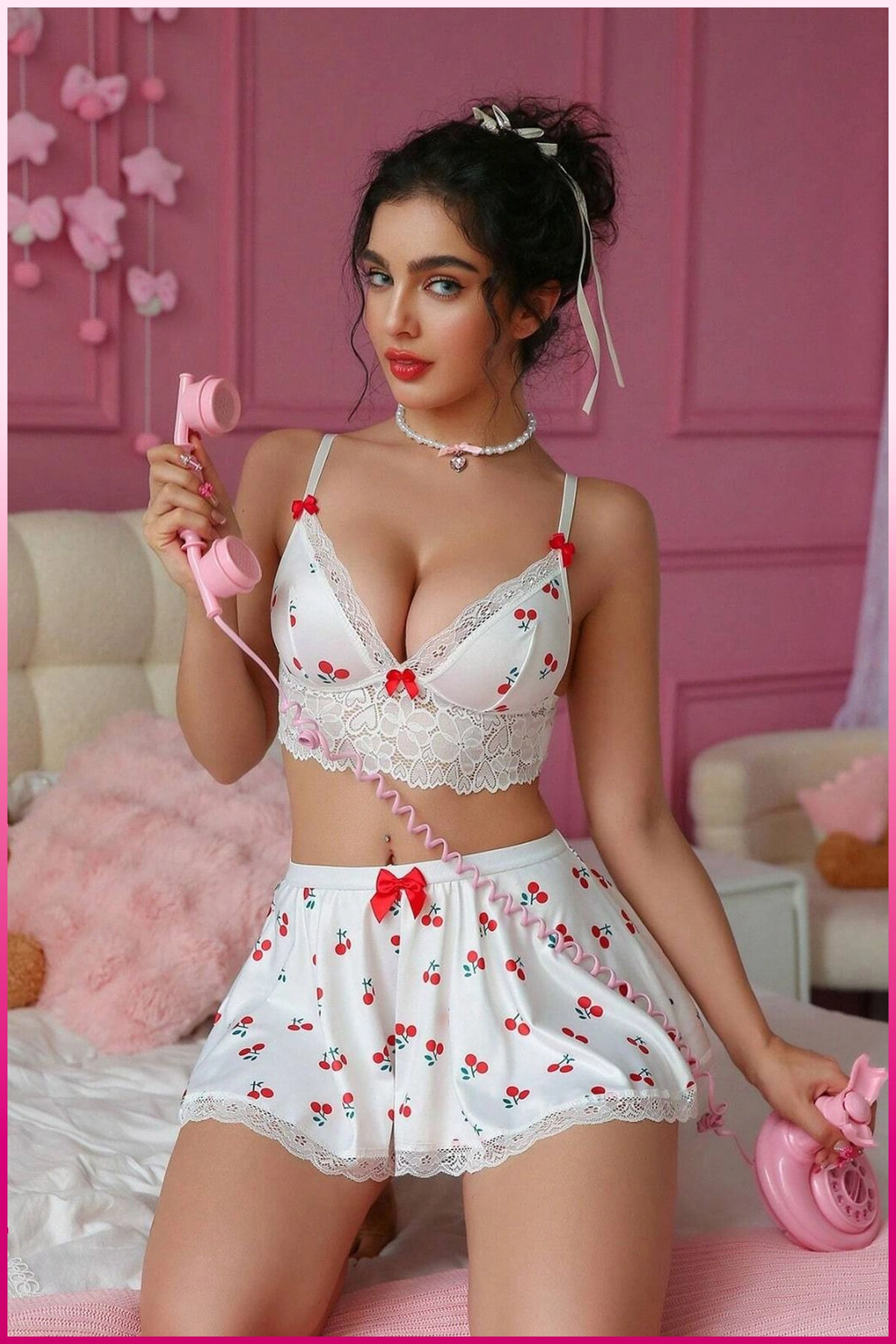 Kadın Kirazlı Fiyonklu Seksi Kostüm