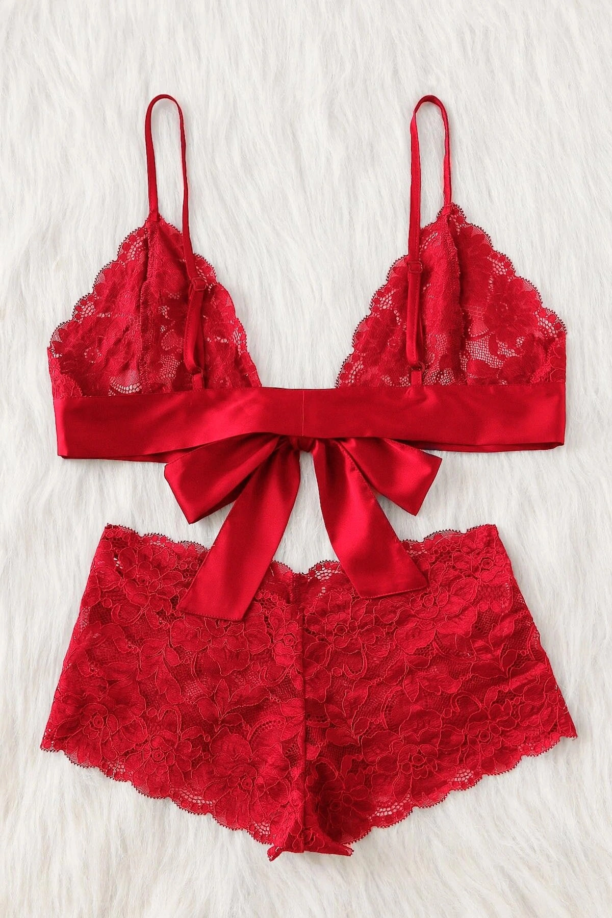 Kadın Kırmızı Dantelli & Kurdelalı Sütyen Külot Takımı