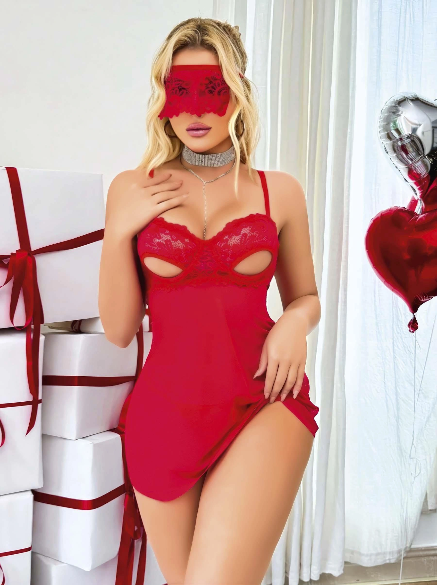 Kadın Kırmızı Göğüs Dekolteli Tül Gecelik Tanga Takım 2180