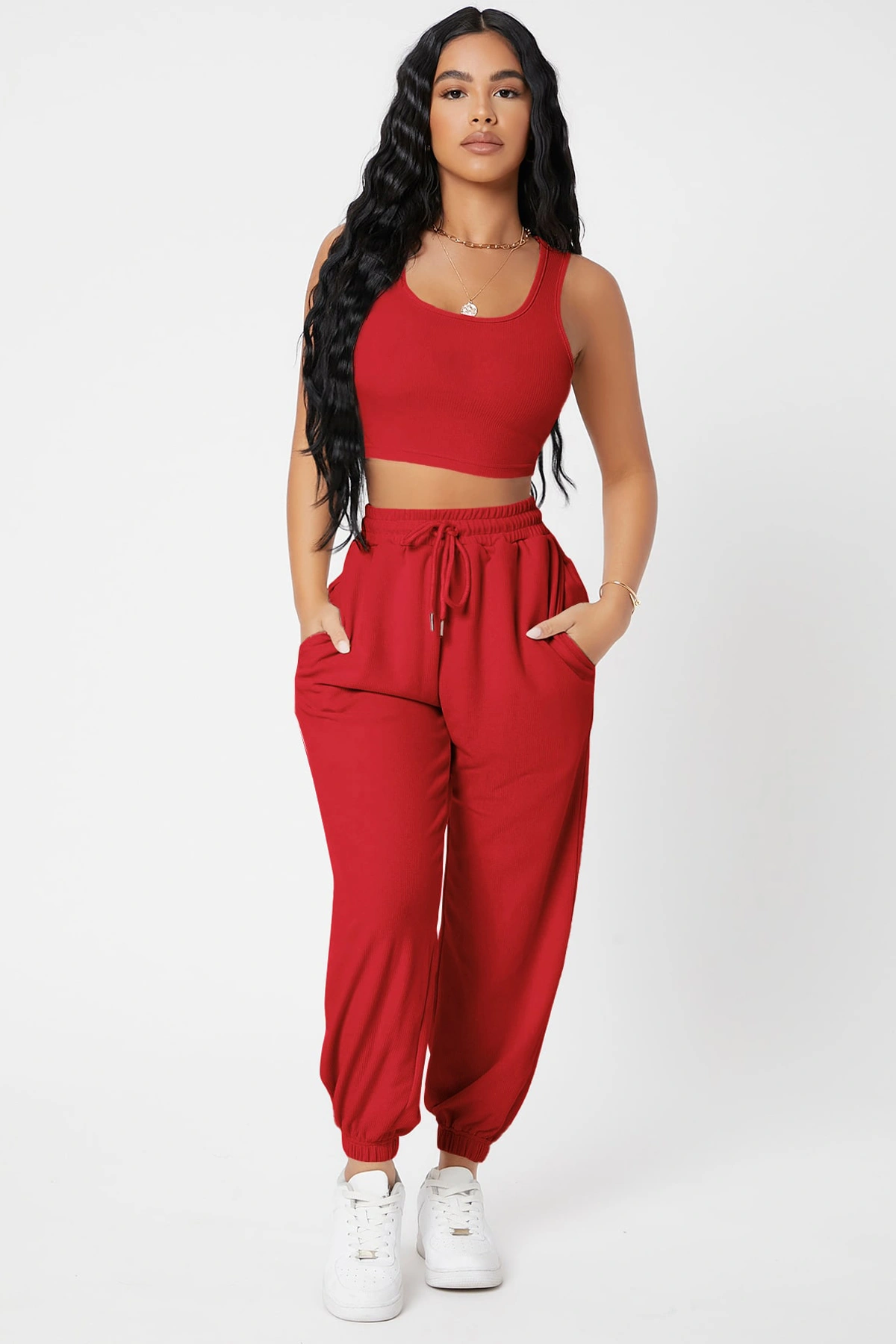 Kadın Kırmızı Kaşkorse Cepli Jogger Eşofman Altı Ve Crop Top Bluz