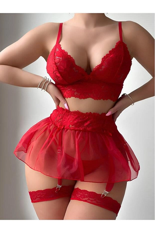 Kadın Kırmızı Kısa Tül Fantezi Kostüm 2199