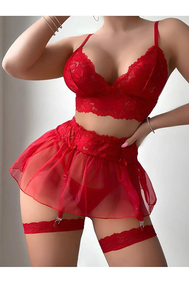 Kadın Kırmızı Kısa Tül Fantezi Kostüm 2199