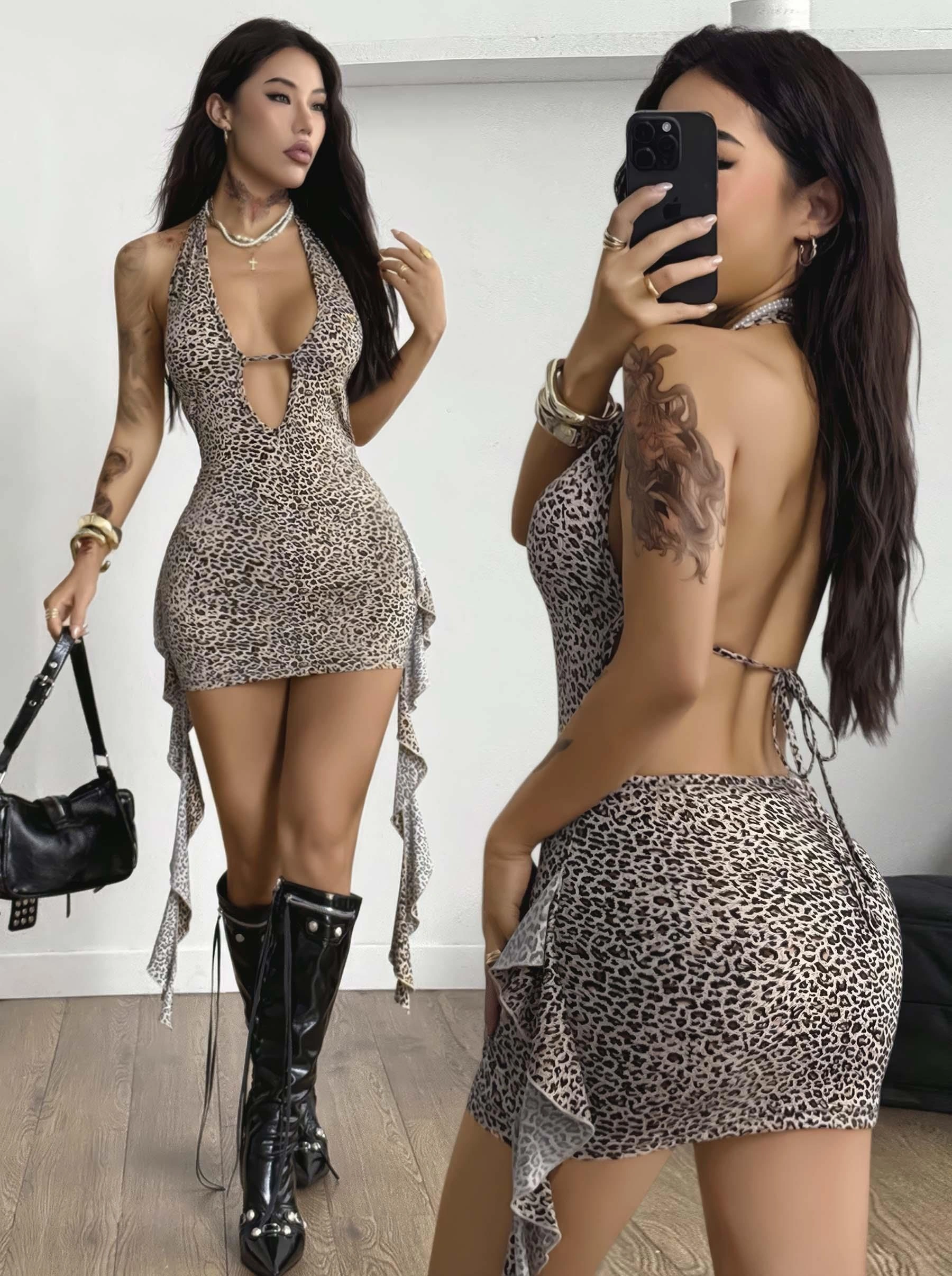 Kadın Leopar Desenli Fantezi Gece Elbisesi 5114