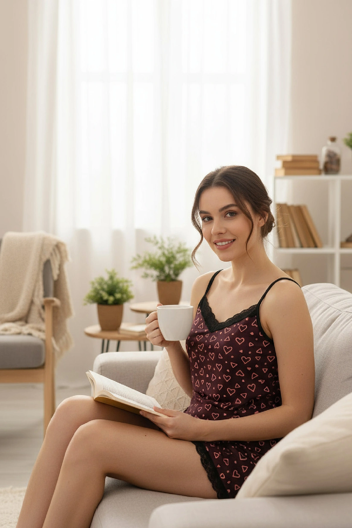 Kadın Mor Kalp Desenli Askılı Şortlu Dantelli Pijama Takımı