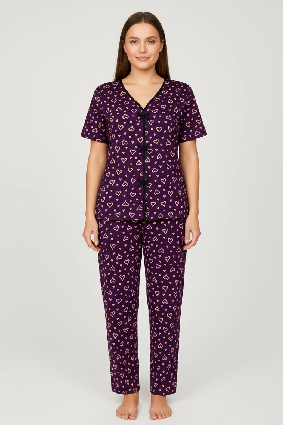 Kadın Mor Kalp Desenli Fiyonklu Kısa Kollu Uzun Pijama Takımı