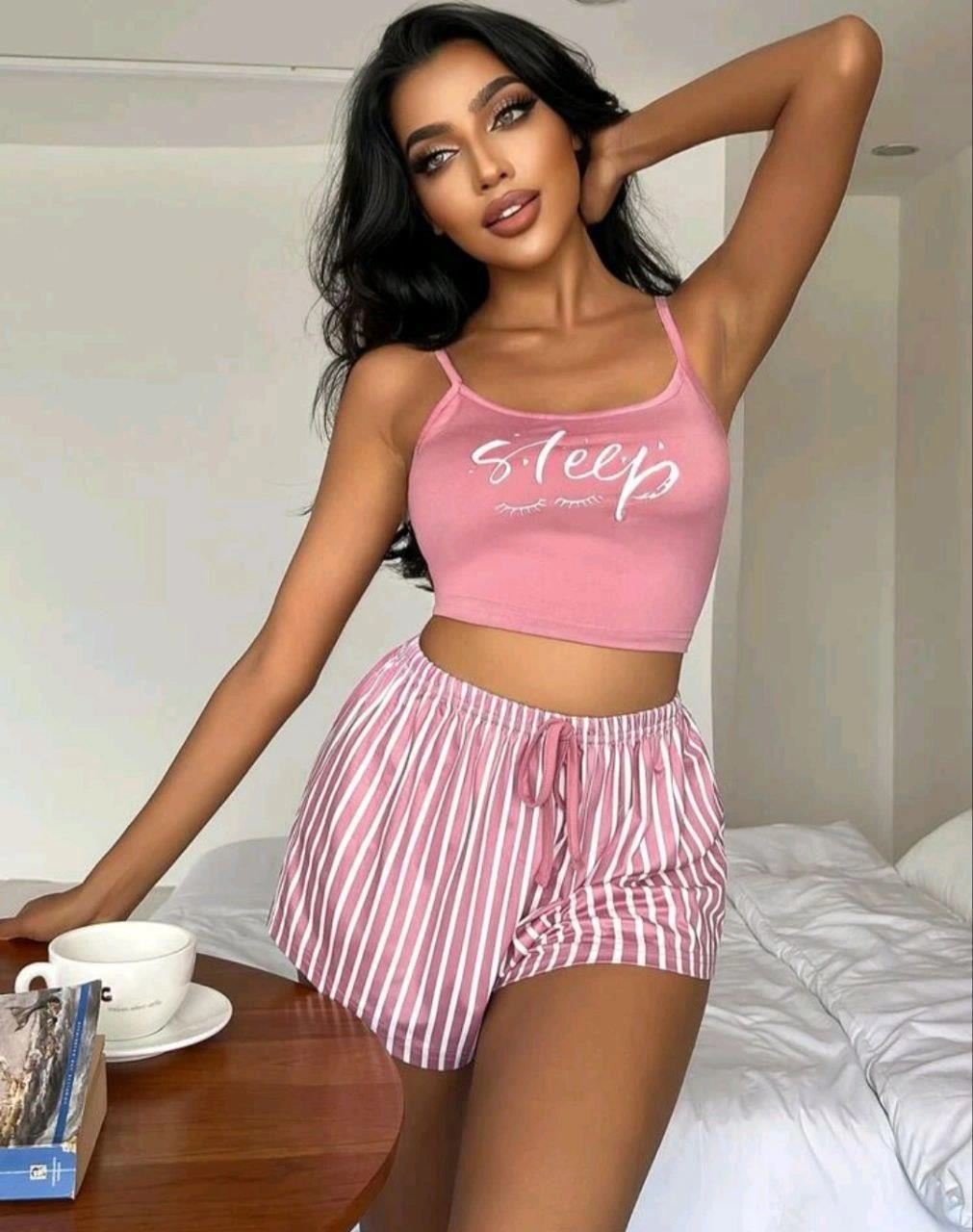 Kadın Pembe Çizgili Desen Askılı Şortlu Pijama Takım 9002