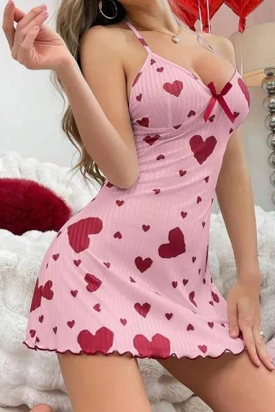 Kadın Pembe Kırmızı Kalp Desenli Askılı Sırt Dekolteli Elbise 5064