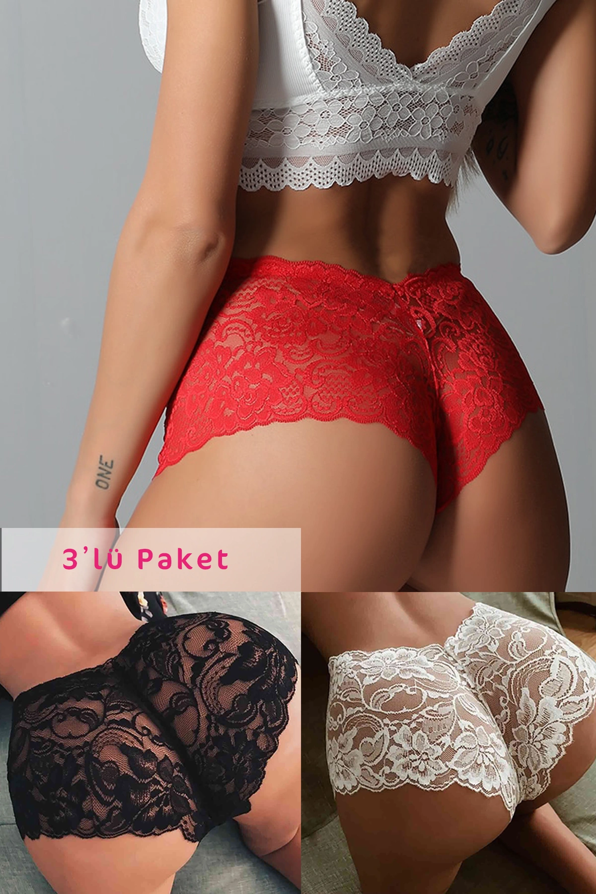 Kadın Siyah Beyaz Kırmızı 3lü Paket Dantel Tanga Şort Külot
