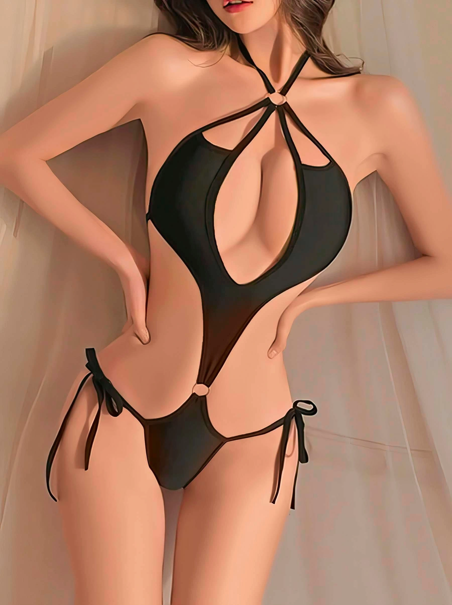 Kadın Siyah Fantezi Boyundan Bağlama Halka Detaylı Sexi Kostüm 2046