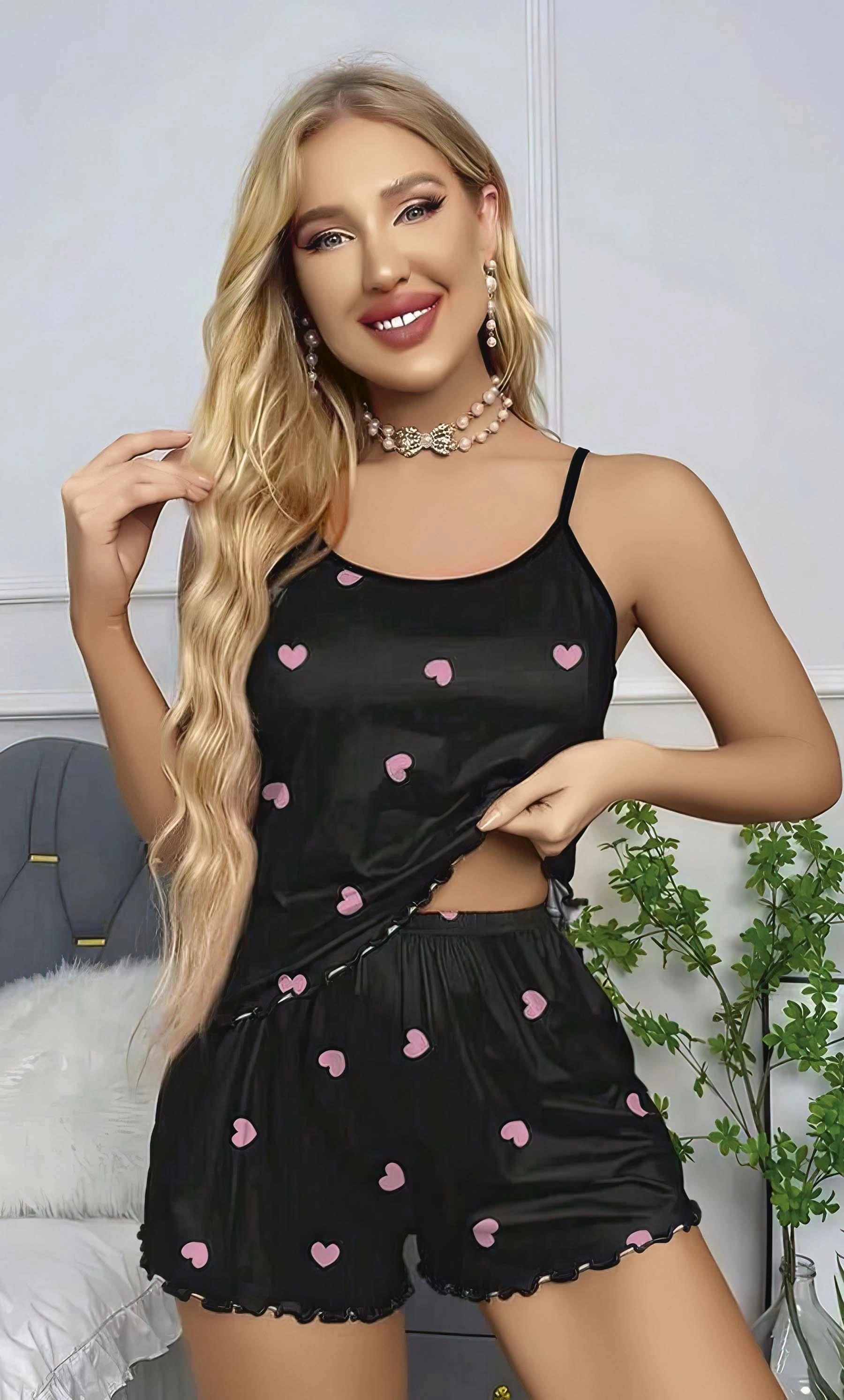 Kadın Siyah Kalp Desenli Seksi Gecelik Takım 6660